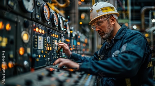 Skillful Engineer Operating Control Panel in a Busy Refinery Control Room