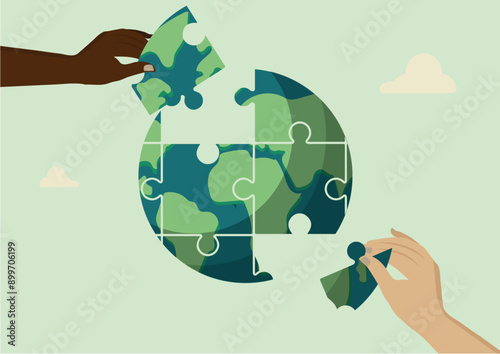 ESG illustration. Environmental social and governance vector. Two hands, representing diversity, collaborate to complete a puzzle shaped like the Earth. Global cooperation for a sustainable future