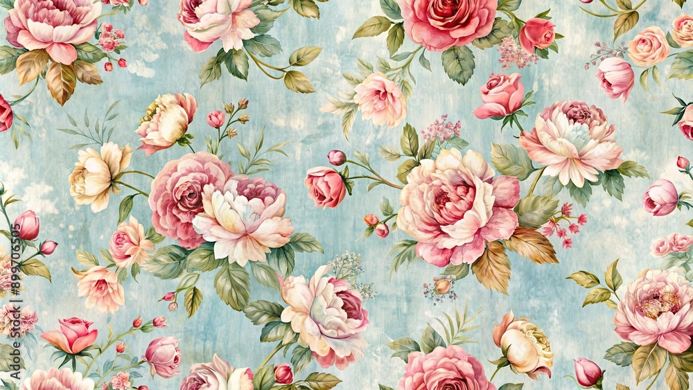 Fototapeta Shabby Chic flowers pattern with a painting effect seamless design, Shabby Chic, flowers, pattern, seamless, painting effect