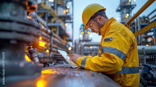 Engineer conducting a site survey at a petrochemical plant using a digital tablet for data recording