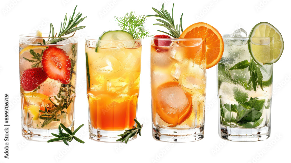 Refreshing Summer Beverages Featuring Fruits and Herbs on a White Background