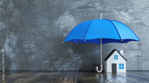 Blue Umbrella Protecting a Small House Model on a Wooden Floor Against a Gray Wall