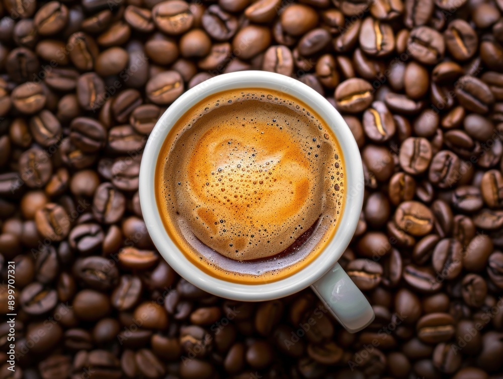 Fototapeta premium A cup of coffee between the coffee beans. AI generated