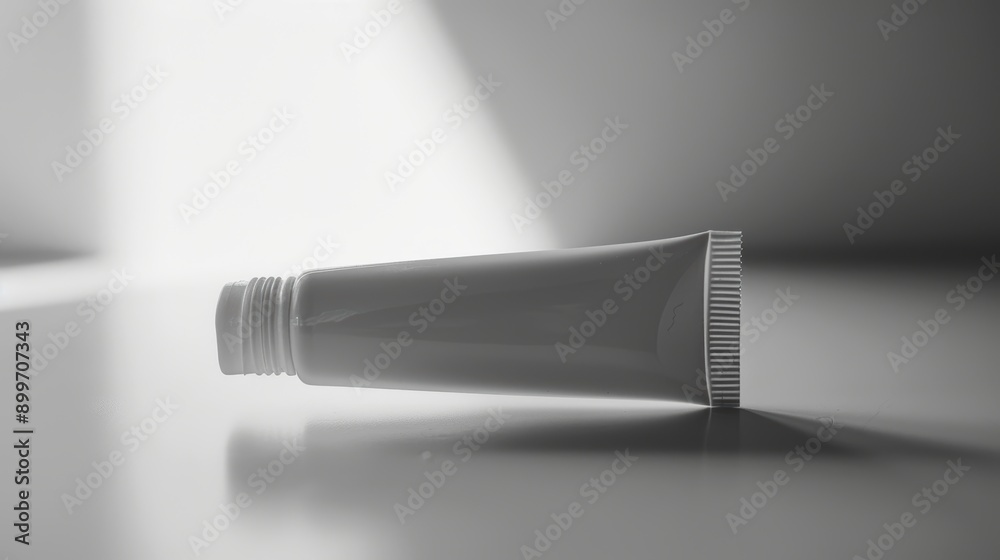 Fototapeta premium White cosmetic tube is lying on a white surface with dramatic lighting, perfect for showcasing your product design