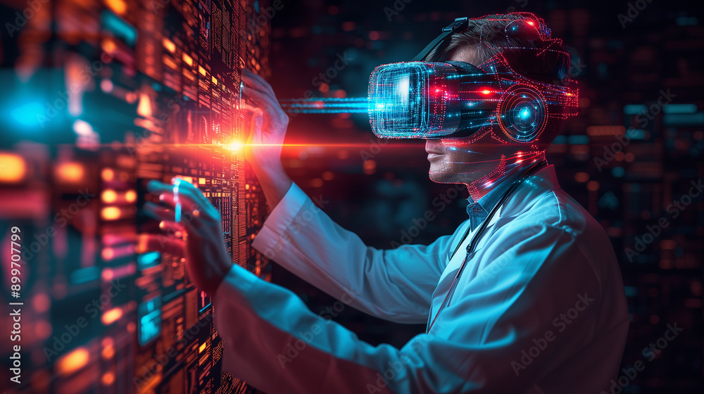 Fototapeta premium Virtual Reality Doctor Interacting With Data in Server Room