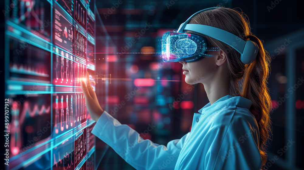 Virtual Medicine Specialist Interacts With Digital Data in a Modern Lab Virtual Medicine Specialist Interacts With Digital Data in a Modern Lab