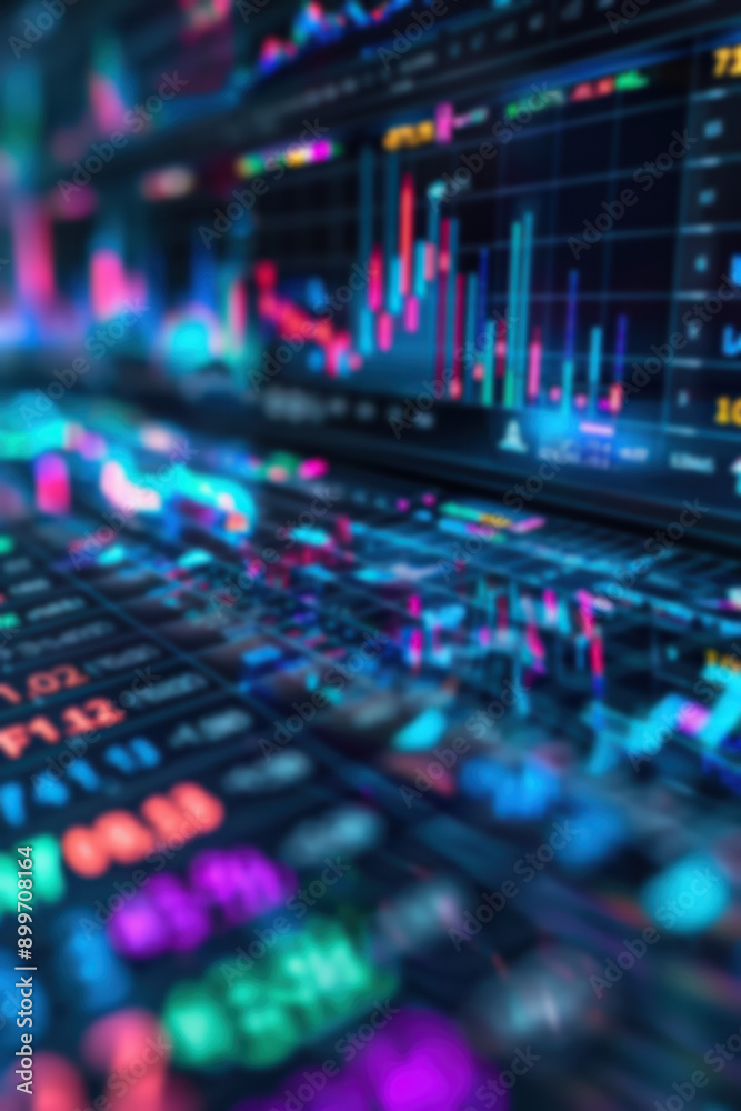 Close-up of a Stock Market Data Screen with Blurred Financial Graphs and Colorful Indicators, Representing Market Analysis and Investment Trends. Close-up of a Stock Market Data Screen with Blurred Financial Graphs and Colorful Indicators, Representing Market Analysis and Investment Trends.