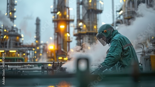 Industrial Worker in Safety Suit Operating Machinery at Oil Refinery with Steam and Industrial Lights in Background