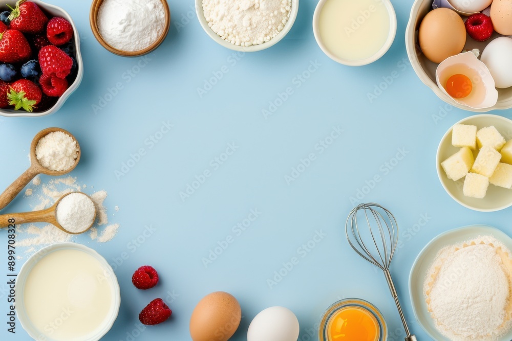Baking Ingredients Arranged on Blue Background Baking Ingredients Arranged on Blue Background