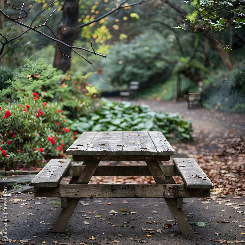 Rustic Picnic Table in Lush Outdoor Garden for Product Display Rustic Picnic Table in Lush Outdoor Garden for Product Display