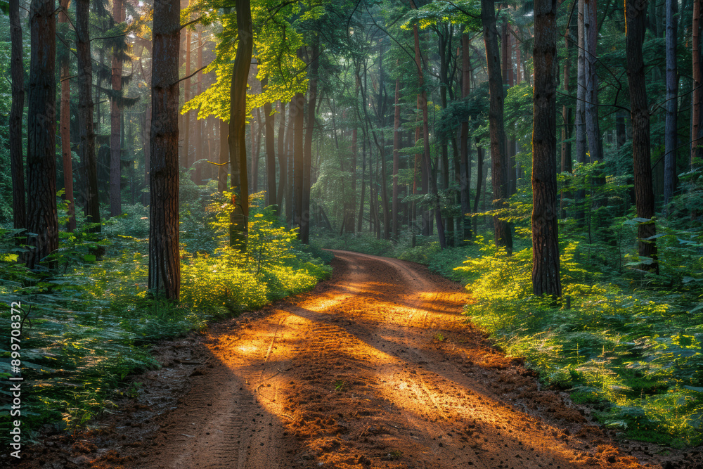 Fototapeta premium A serene dirt path winds through a lush, sunlit forest, with tall trees casting dappled shadows on the vibrant greenery and earthy trail.
