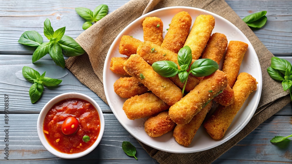 Crispy mozzarella sticks surrounded by marinara sauce on a white plate , appetizer, fried, cheesy, delicious Crispy mozzarella sticks surrounded by marinara sauce on a white plate , appetizer, fried, cheesy, delicious