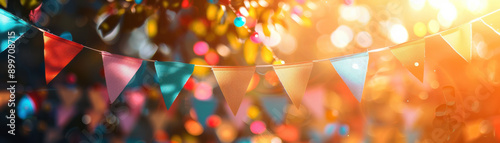 Colorful triangular bunting flags outdoors in sunlight with bokeh effect. Festive and vibrant decoration perfect for celebrations and parties. photo