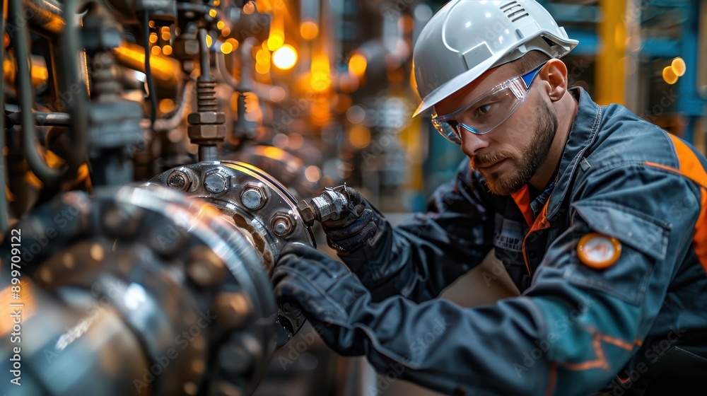 Skilled Technician Adjusting Refinery Pump in Safety Gear under Bright Industrial Lights Skilled Technician Adjusting Refinery Pump in Safety Gear under Bright Industrial Lights