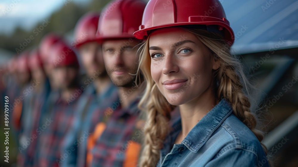 Beautiful woman construction worker in red hard hat on construction site. Beautiful woman construction worker in red hard hat on construction site.