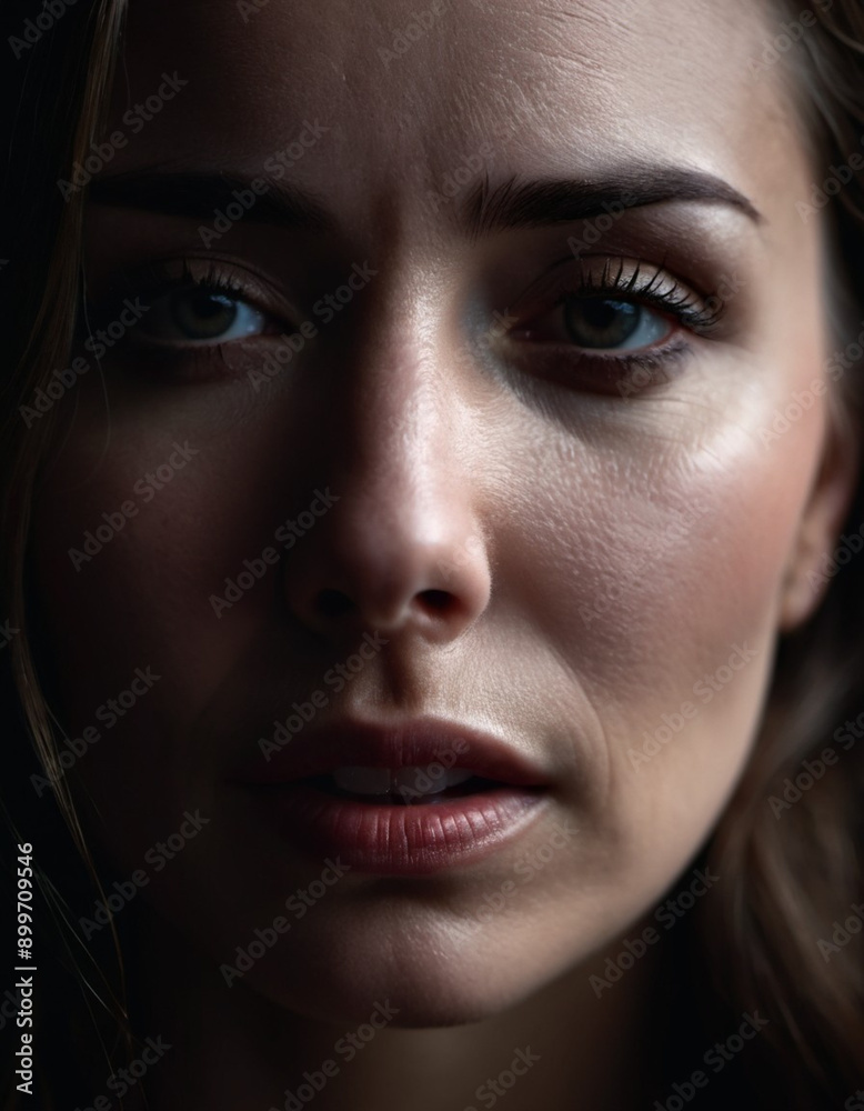Woman with furrowed brows and worried expression looks directly at camera. Lighting is dim, casting shadows around face, emphasizing her stress. Fear, frustration, upset, worry and thoughtfulness. AI Woman with furrowed brows and worried expression looks directly at camera. Lighting is dim, casting shadows around face, emphasizing her stress. Fear, frustration, upset, worry and thoughtfulness. AI