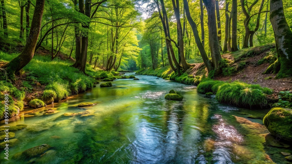Obraz premium Small stream flowing through dense greenery and plants in a Croatian forest setting, forest, stream, greenery, plants, Croatia