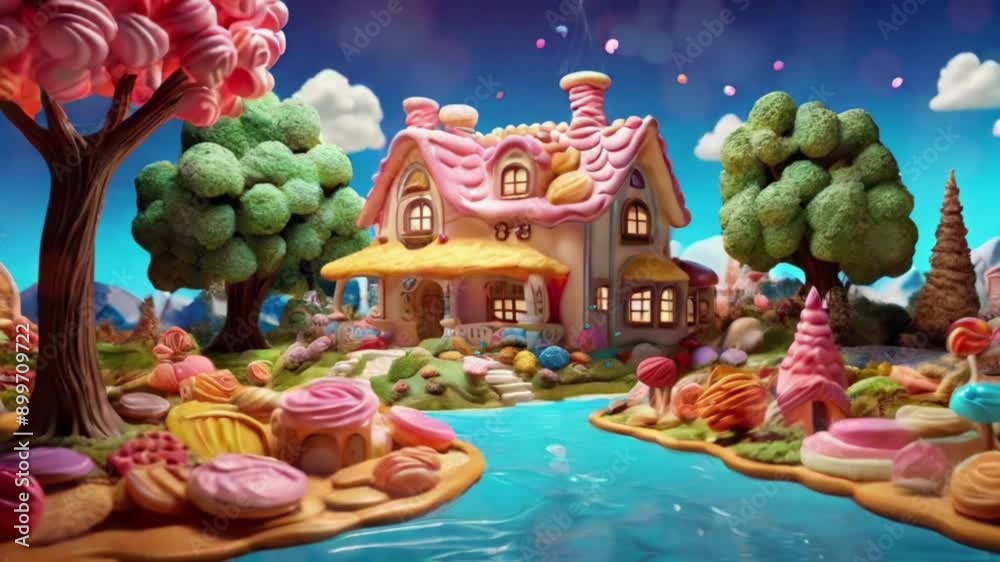 A house in a fairy tale world made of colorful cakes and biscuits, there is a river flowing beside the house. There are several trees and flowers made of colorful biscuits and cakes.