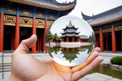 Chinese Temple Reflected in a Crystal Ball Held by a Hand