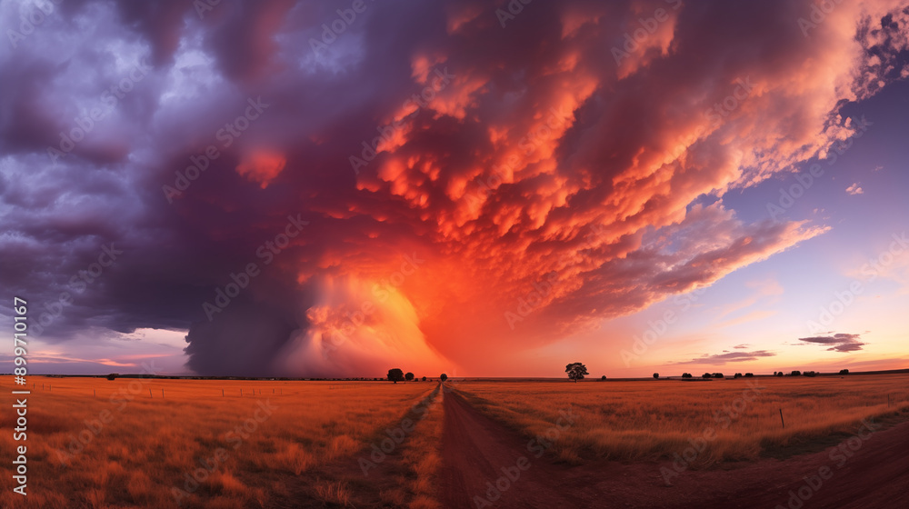 Intense Sunset with Fiery Clouds Over Open Fields and Rural Road Intense Sunset with Fiery Clouds Over Open Fields and Rural Road