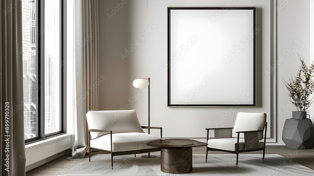 Fototapeta premium Modern interior with minimalistic design featuring a framed abstract painting.