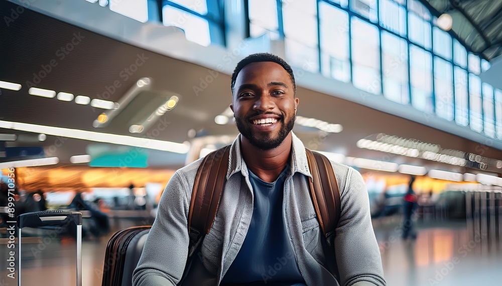Happy traveler waiting for the flight in airport, departure terminal, immigration concept Happy traveler waiting for the flight in airport, departure terminal, immigration concept