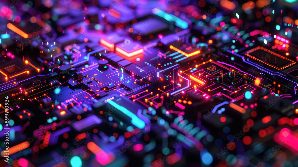 A vibrant, colorful close-up of a futuristic circuit board illuminated with neon lights, representing advanced technology and innovation. A vibrant, colorful close-up of a futuristic circuit board illuminated with neon lights, representing advanced technology and innovation.