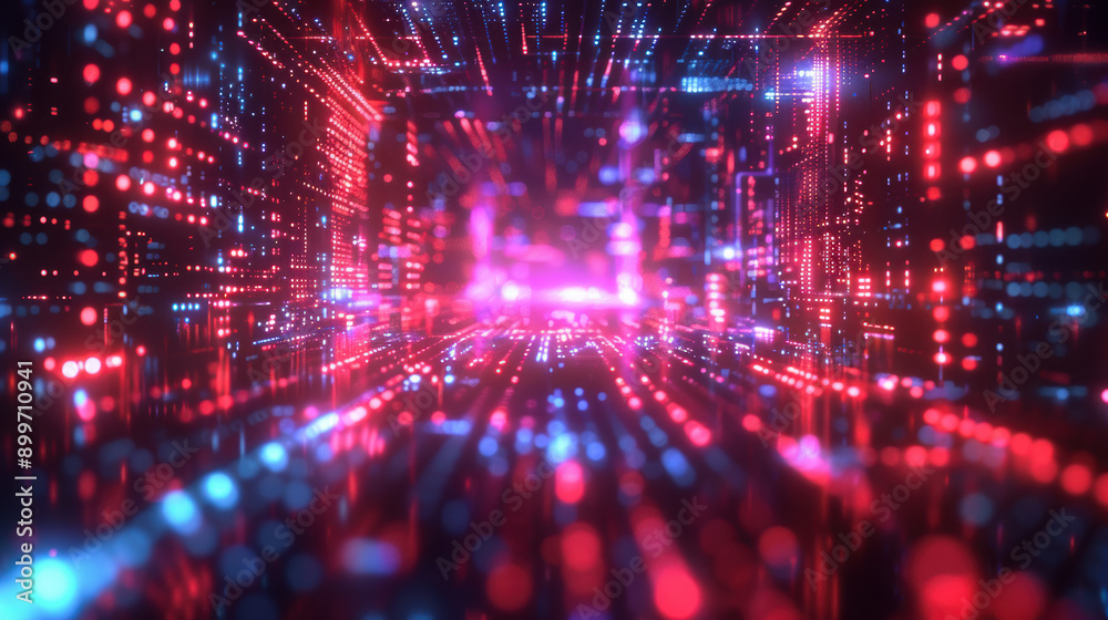 Abstract digital tunnel with vibrant red and blue lights. Futuristic technology and data concept, ideal for backgrounds and tech themes. Abstract digital tunnel with vibrant red and blue lights. Futuristic technology and data concept, ideal for backgrounds and tech themes.