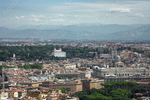 Rome Panoramic Cityscape, taken from St. Peter's Dome showcasing Castel Sant'Angelo, Janiculum Hill, River Tiber, Monte Mario and other landmarks