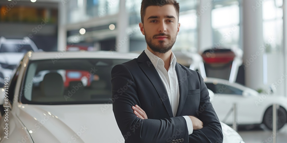 A man in a suit stands in front of a white car. He is wearing a tie and has his arms crossed. Concept of professionalism and confidence A man in a suit stands in front of a white car. He is wearing a tie and has his arms crossed. Concept of professionalism and confidence