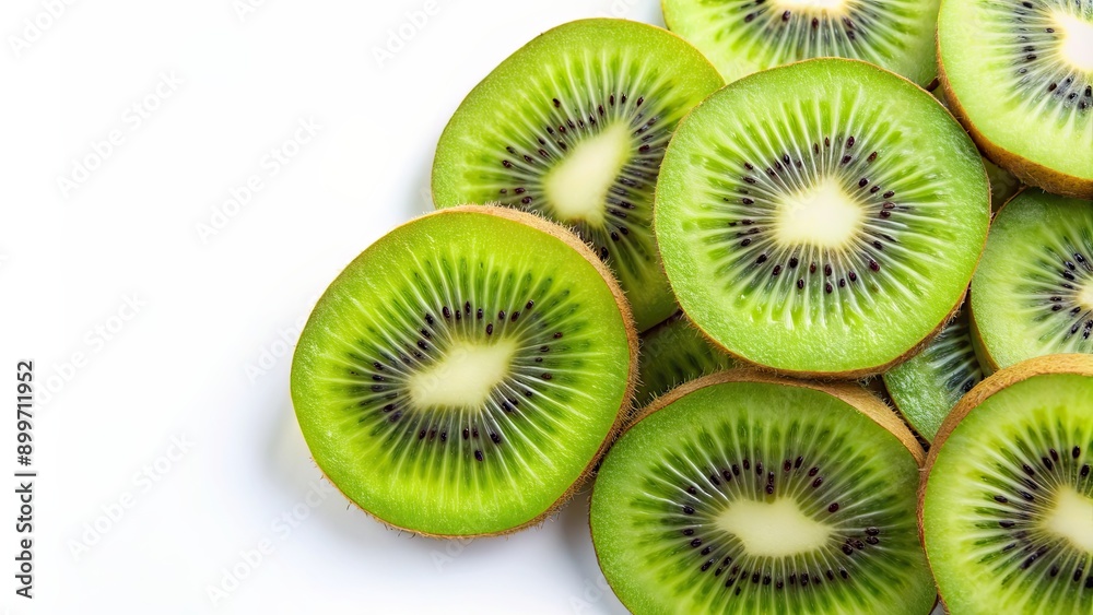 Fototapeta premium Slices of ripe and juicy kiwi fruit on a white background , kiwi, fruit, tropical, fresh, green, slices, healthy, vibrant, delicious