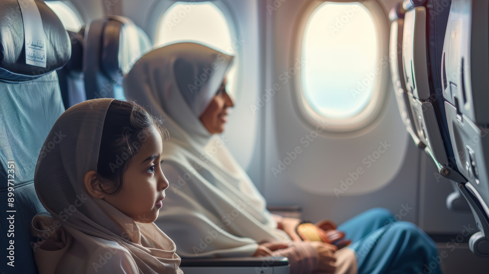Fototapeta premium A traditional family sits in an airplane near the window and looks at the view