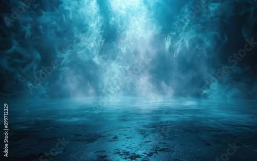Mystical underwater scene with glowing blue light and swirling ethereal smoke, creating an enchanting and surreal aquatic atmosphere.