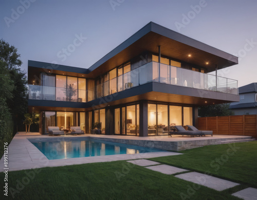 Una lussuosa villa moderna, circondata da un giardino con piscina a sfioro