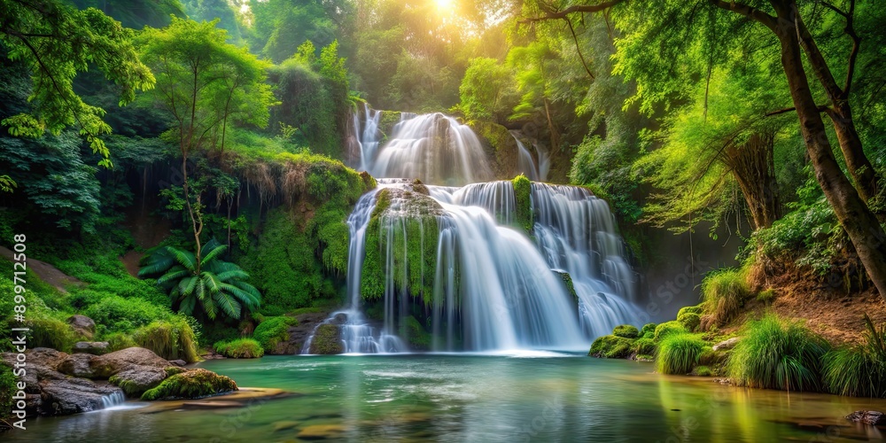 Fototapeta premium A beautiful waterfall cascading through lush greenery in a peaceful forest setting, waterfall, forest, nature, greenery, cascade