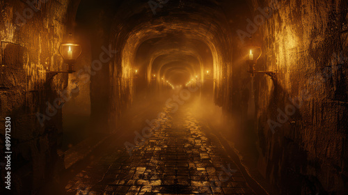 A dimly lit, misty tunnel with lanterns casting an eerie glow on the cobblestone pathway under the arched ceiling, creating a mysterious and haunting atmosphere.