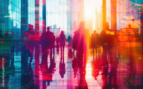 Silhouettes of people walking through a modern cityscape with vibrant, colorful reflections and abstract light trails. © Janjira