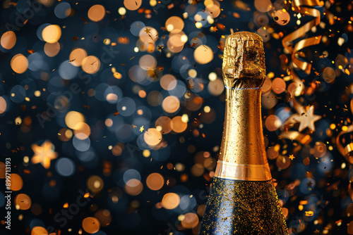 Close-up of a sparkling champagne bottle surrounded by festive glitter and bokeh lights, perfect for celebrations and special occasions.