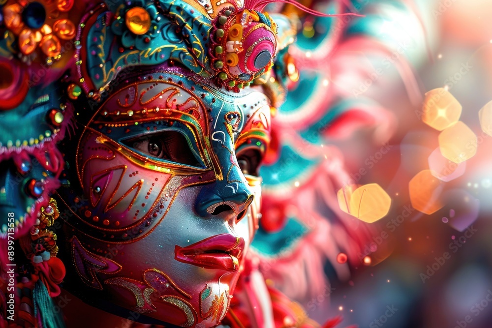 A dancer in an elaborate carnival mask radiates joy and color, captivating onlookers with vibrant hues and intricate designs amidst sparkling city lights A dancer in an elaborate carnival mask radiates joy and color, captivating onlookers with vibrant hues and intricate designs amidst sparkling city lights