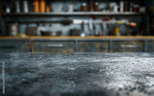 Close-up of a textured workbench in a workshop, with tools and equipment blurred in the background, showcasing an industrial and gritty atmosphere.