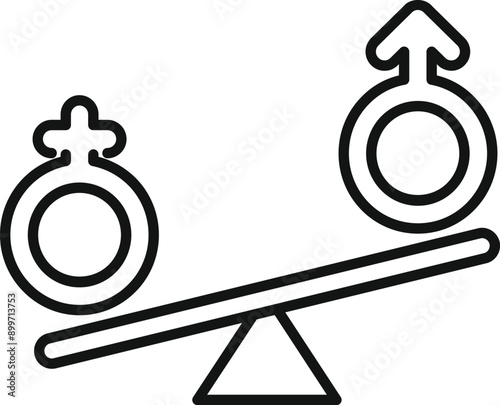 Line art illustration representing the concept of gender equality with male and female symbols balancing perfectly on a scale