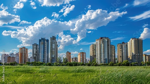 A picturesque scene of tall company buildings under a blue sky, framed by short green grass in the front, with an absence of people.