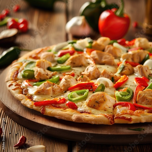 Delicious Chicken Pizza With Fresh Vegetables on a Wooden Table in a Cozy Setting