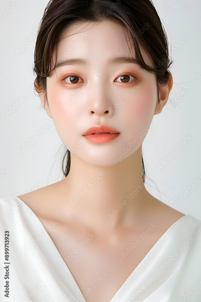 Portrait of a Young Woman with Clear Skin and Elegant Makeup, Featuring Natural and Subtle Beauty Portrait of a Young Woman with Clear Skin and Elegant Makeup, Featuring Natural and Subtle Beauty