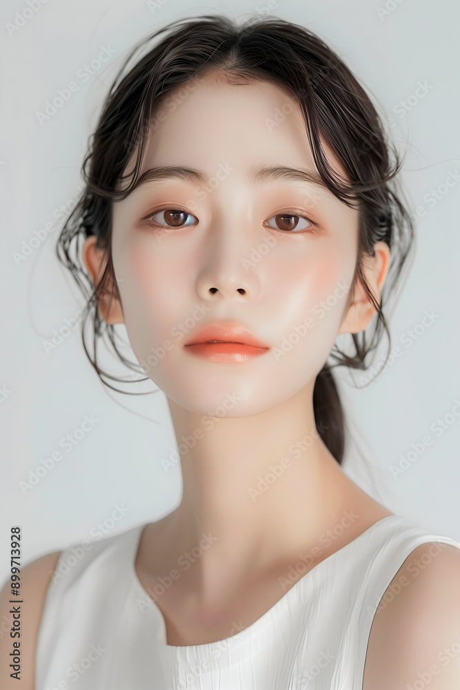 Fototapeta premium Portrait of a Young Woman with Clear Skin and Elegant Makeup, Featuring Natural and Subtle Beauty