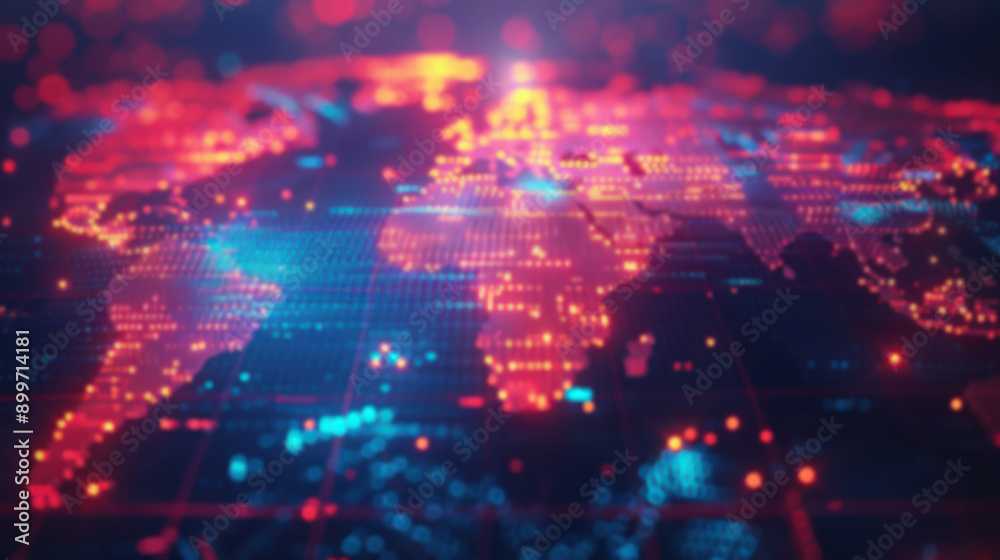 Digital world map display with glowing red and blue lights representing data and global connections. Futuristic technology theme. Digital world map display with glowing red and blue lights representing data and global connections. Futuristic technology theme.