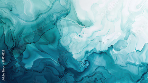 Abstract teal and white fluid art painting with flowing shapes and smooth gradient transitions, evoking a sense of calm and movement.