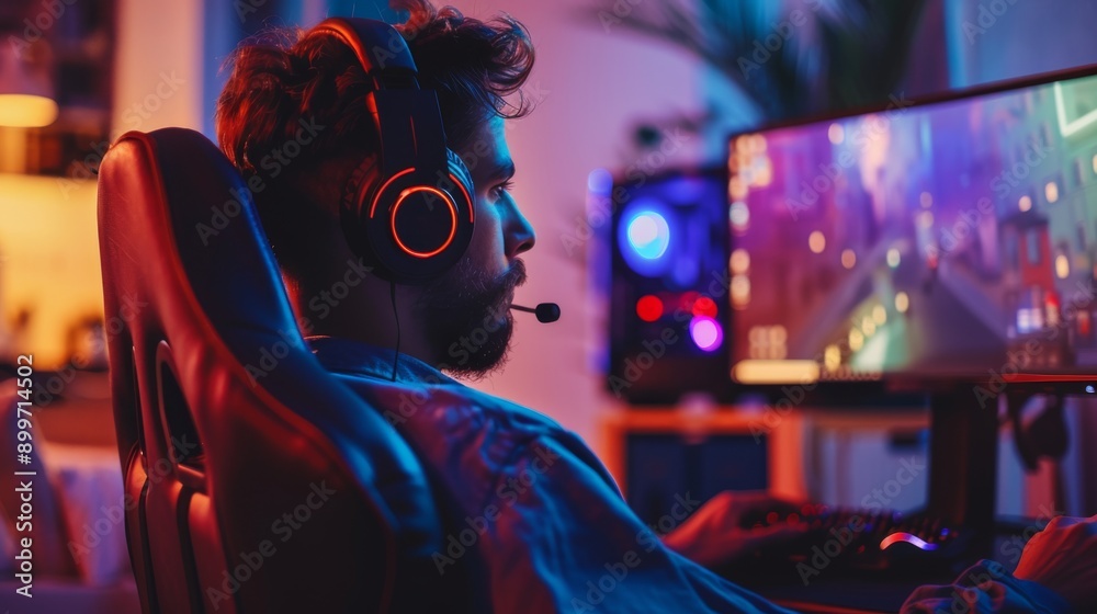 male gamer sits in full-size headphones in a chair in front of a monitor, neon lighting