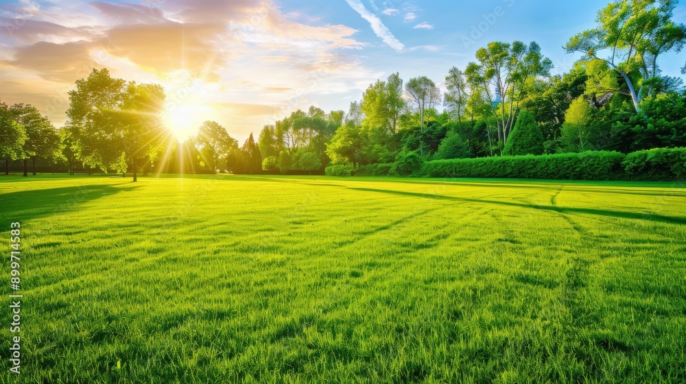 Obraz premium Green Meadow at Sunset With Vibrant Sunlight and Lush Trees in the Background