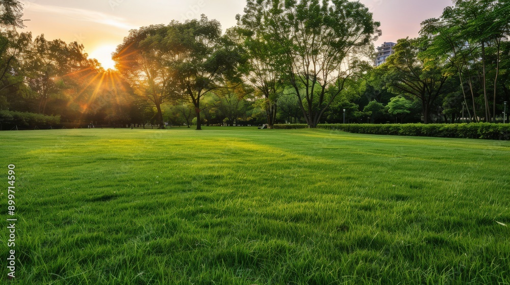 Green Meadow Bathed in Warm Sunset Light With Trees in Background Green Meadow Bathed in Warm Sunset Light With Trees in Background